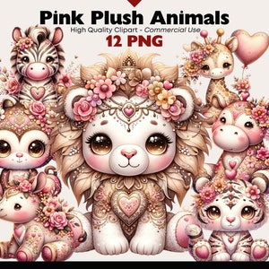 Rosa Safari Plüschtier Clipart, Tropisches Tier PNG, Aquarell Safari Plushies Illustrationen, Rosa Kinderzimmer Clipart Tropische Wildtiere