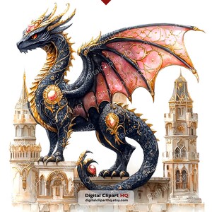 May include: A watercolor illustration of a black dragon with gold accents and red gemstones. The dragon has pink and gold wings and stands atop a castle-like structure. The image includes the text "Digital Clipart HQ" and a website address.