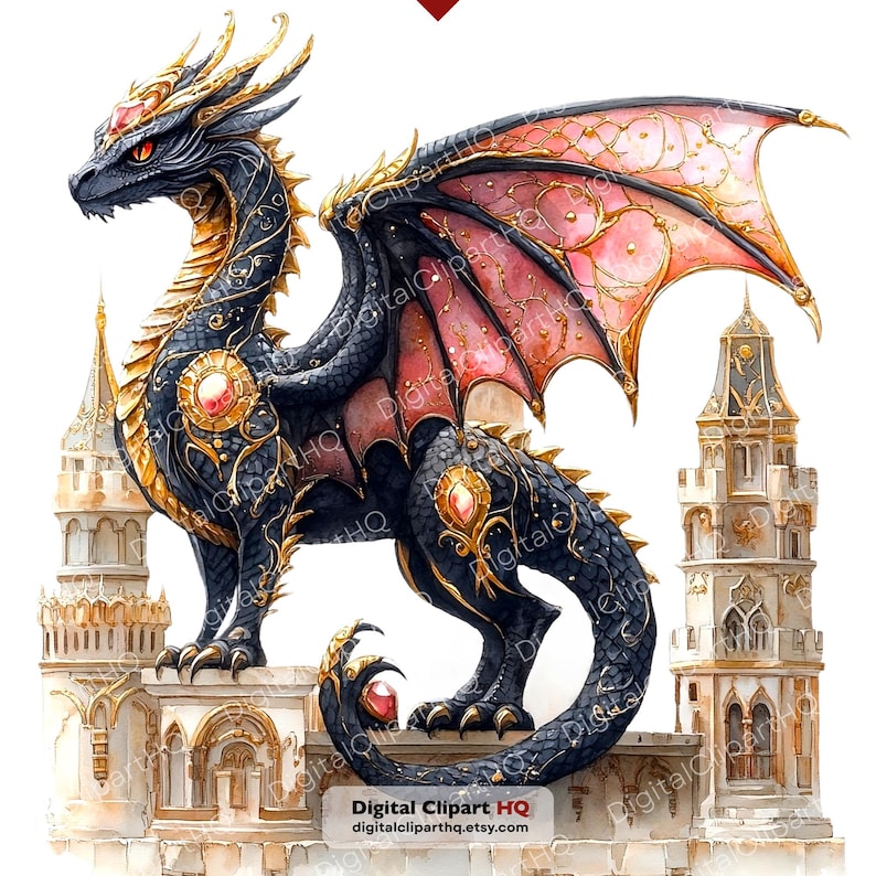 May include: A watercolor illustration of a black dragon with gold accents and red gemstones. The dragon has pink and gold wings and stands atop a castle-like structure. The image includes the text "Digital Clipart HQ" and a website address.