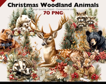 Christmas Woodland Animal Clipart Bundle Traditional Winter Graphics Digital Download Cute Christmas Watercolor Clipart Holiday Yuletide Png