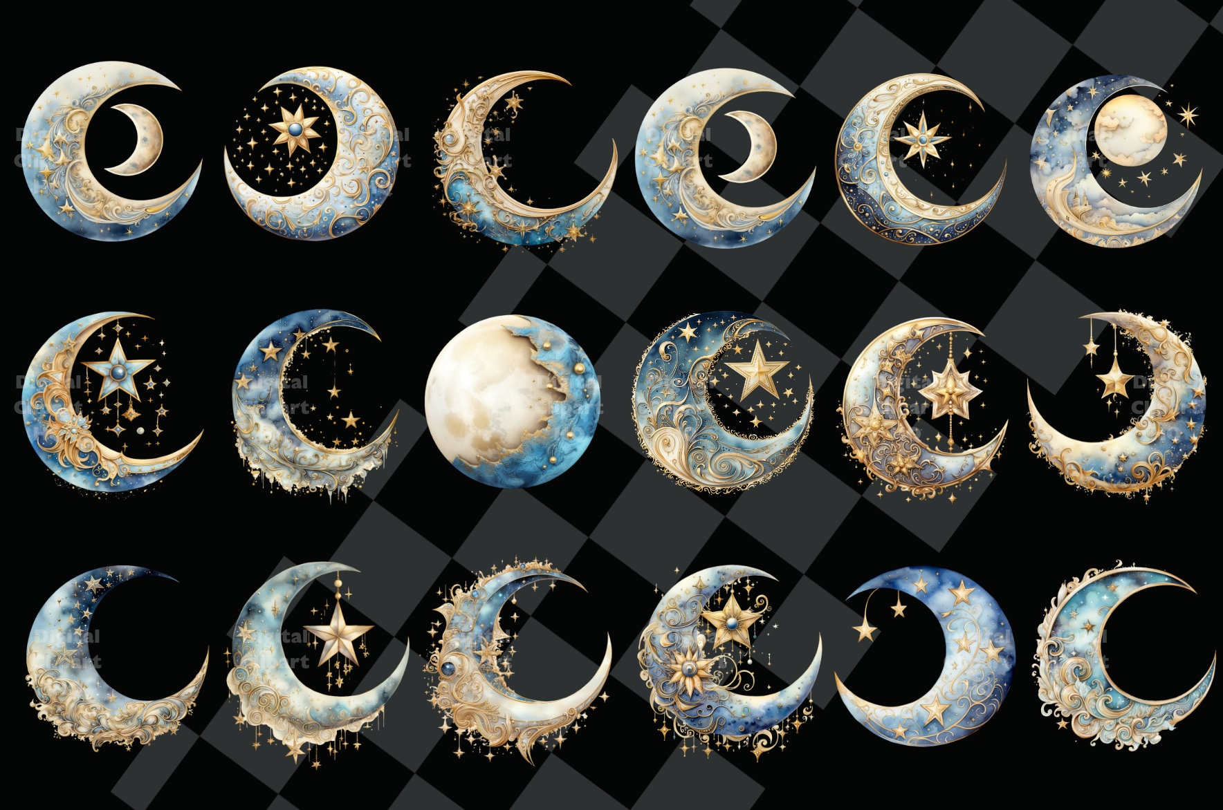 Blue Moon Clipart Set Whimsical Moon Wall Art Silver Moon - Etsy