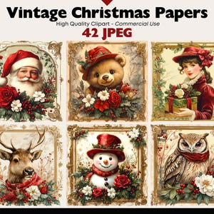 May include: Vintage Christmas Papers digital clipart featuring Santa Claus, a teddy bear, a woman, a deer, a snowman, and an owl, each framed with ornate gold borders and festive floral arrangements. The text reads "Vintage Christmas Papers" and "42 JPEG".