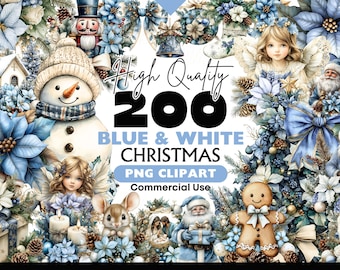 May include: A collection of 200 high quality blue and white Christmas PNG clipart images for commercial use. The images include a snowman, a gingerbread person, a mouse, a nutcracker, a bell, a Christmas tree, a Santa Claus, and angels.