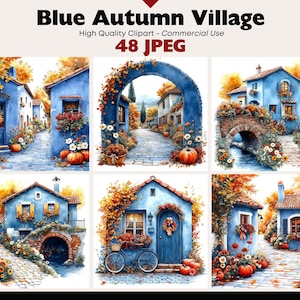 May include: Watercolor illustrations of a blue autumn village with orange pumpkins, flowers, and foliage. The images feature quaint houses, archways, and cobblestone streets, evoking a cozy, seasonal theme.
