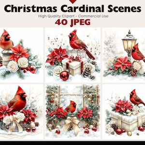 Christmas Red Cardinal Scene Watercolor JPEG Graphics Commercial Use Snowy Bird Digital Download Winter Animals Clipart Christmas Scenes