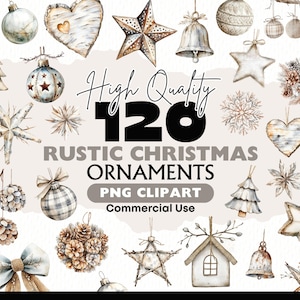 Rustic Christmas Ornaments Clipart Bundle Watercolor Winter Farmhouse PNG Holiday Decorations Graphics Neutral Christmas Watercolor Elements