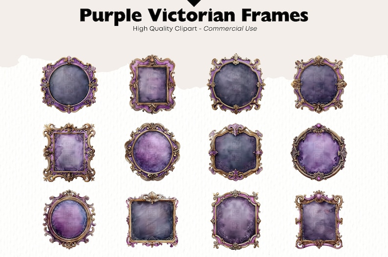 Puede incluir: Doce marcos victorianos morados con detalles dorados. Los marcos son de diferentes formas y tama&ntilde;os, y todos est&aacute;n decorados con detalles intrincados. Los marcos son perfectos para agregar un toque de elegancia a cualquier decoraci&oacute;n del hogar.