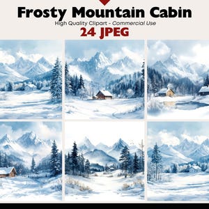 Bundle de cliparts de cabane d'hiver graphiques en téléchargement numérique JPEG aquarelle village de montagne des cliparts pour usage commercial