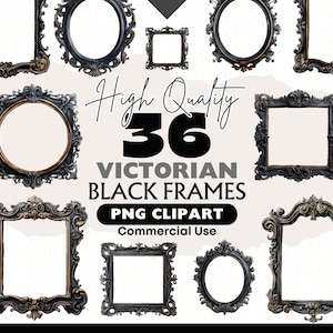 Black Victorian Frame Clipart Bundle, Ornate PNG Frames, Vintage Borders, Wedding Invitation Clip Art, Junk Journal, Instant Download