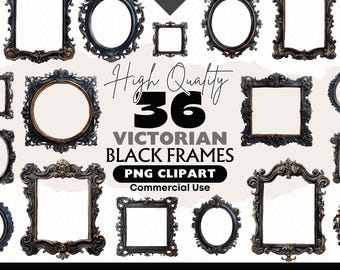 Black Victorian Frame Clipart Bundle, Ornate PNG Frames, Vintage Borders, Wedding Invitation Clip Art, Junk Journal, Instant Download