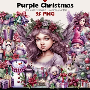 Purple Christmas Clipart Bundle, Watercolor Christmas PNG, Violet Christmas Graphics, Christmas PNG Illustrations, Christmas Angel PNG Image