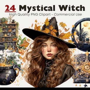 Mystical Witch Clipart Bundle, Magical Witch PNG, Watercolor Clipart, Witch Hat Graphics, Paper Crafts, Scrapbook, Witchy PNG Clip Art
