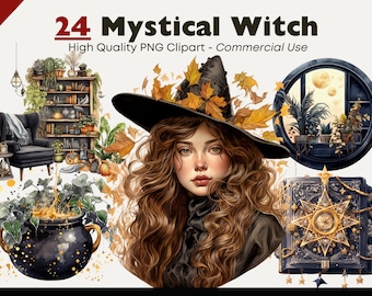 Mystical Witch Clipart Bundle, Magical Witch PNG, Watercolor Clipart, Witch Hat Graphics, Paper Crafts, Scrapbook, Witchy PNG Clip Art