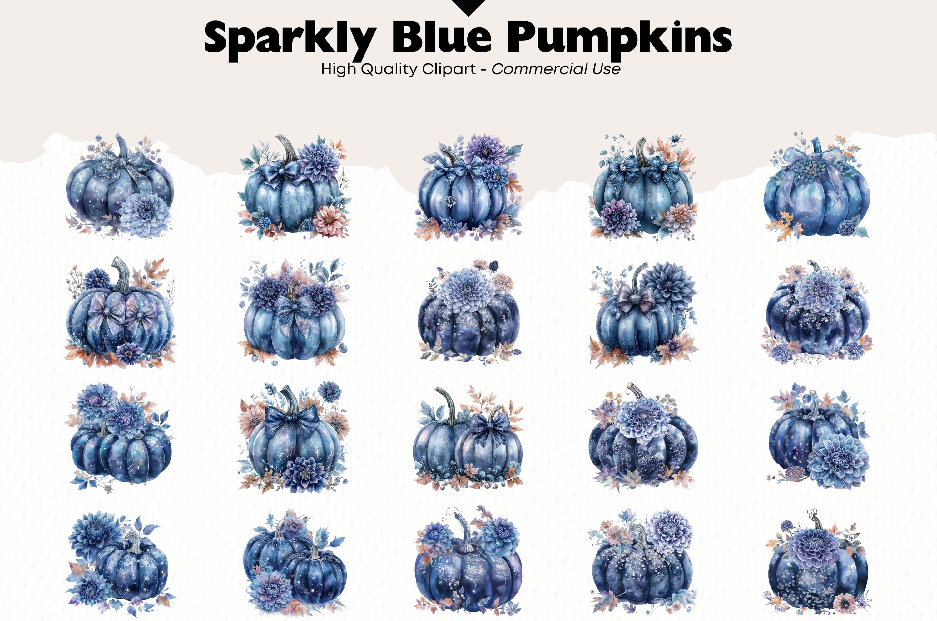 Sparkly Blue Pumpkins Clipart Bundle Autumn Watercolor Png Pumpkin and ...