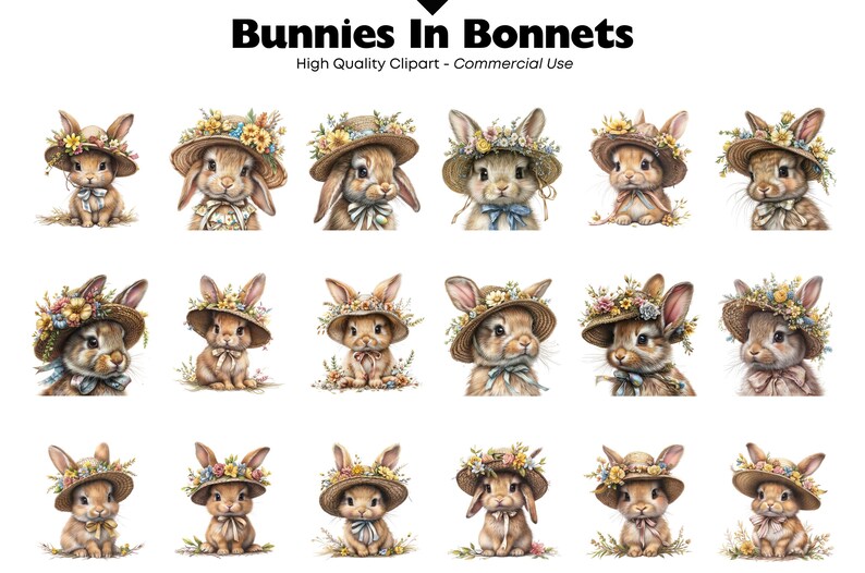Floral Easter Bunny Clipart Set, 18 PNG Spring Rabbit in Bonnet ...