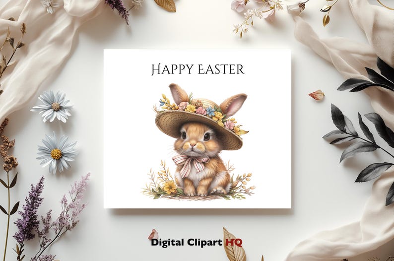 Floral Easter Bunny Clipart Set, 18 PNG Spring Rabbit in Bonnet ...