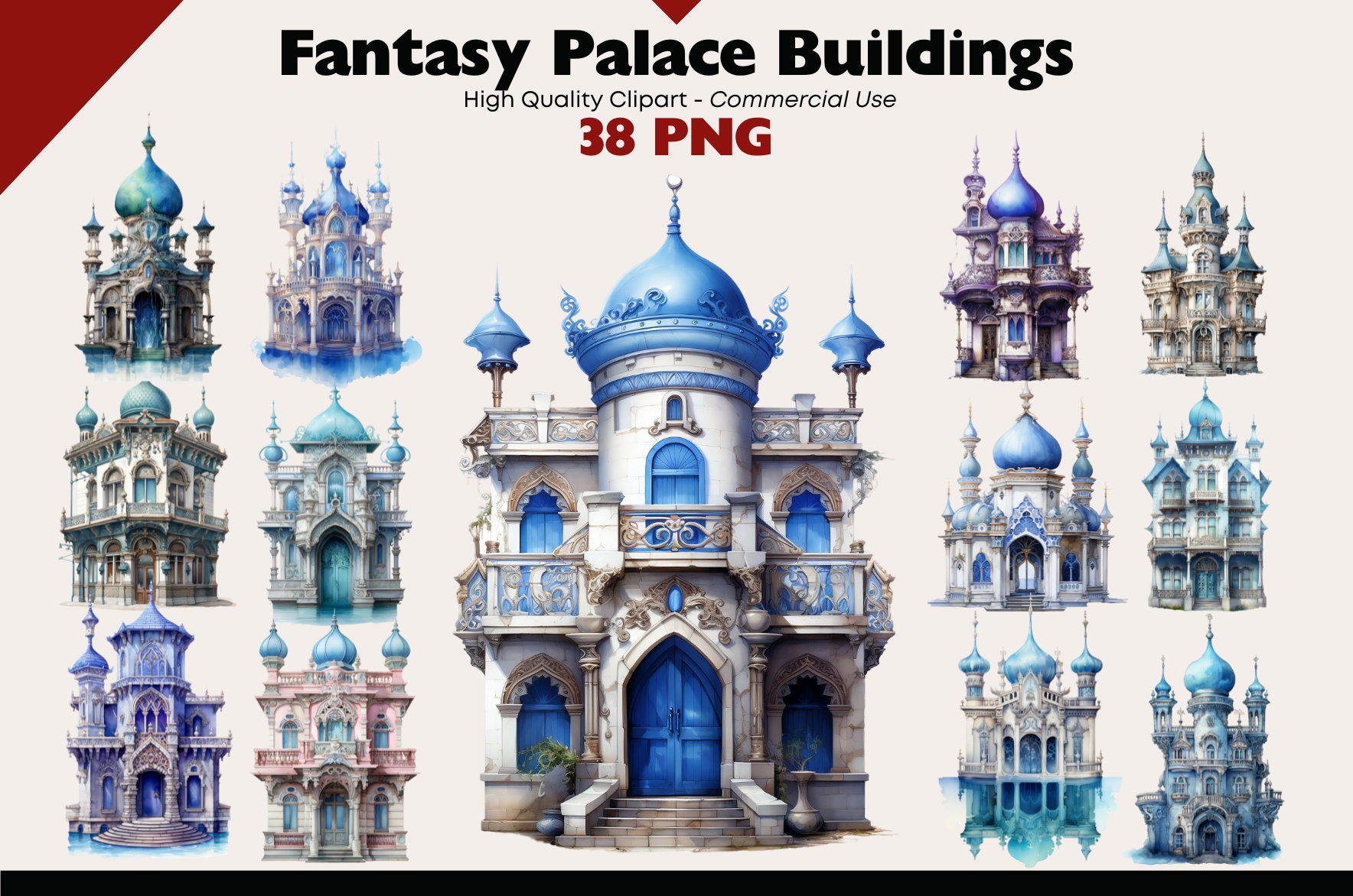 Fantasy Palace Clipart Bundle, Oriental Buildings PNG, Royal Dweling Watercolor, Magical House Graphics, Paper Crafts, Scrapbook, Chateau