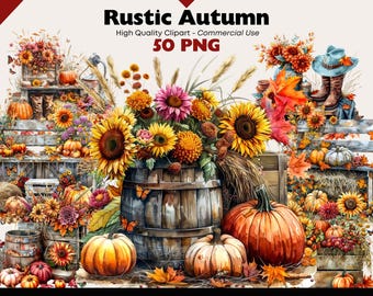 Paquete de imágenes prediseñadas de otoño rústico, acuarela, gráficos de campo, descarga digital, calabaza, imágenes prediseñadas PNG, manualidades de papel, otoño, naturaleza, álbum de recortes