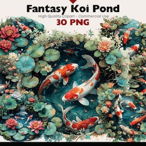 Puede incluir: Una ilustración digital de un estanque de koi de fantasía con peces koi coloridos nadando en un estanque rodeado de exuberantes nenúfares verdes y flores rosas. El texto "Fantasy Koi Pond" está en la parte superior de la imagen.