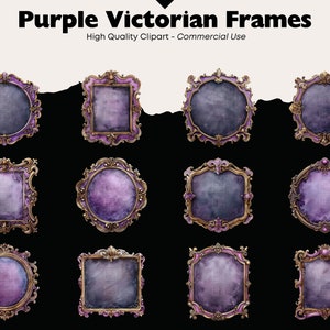 Puede incluir: Doce marcos victorianos de color p&uacute;rpura adornados con detalles dorados. Los marcos son de diferentes formas y tama&ntilde;os, y tienen un aspecto vintage.