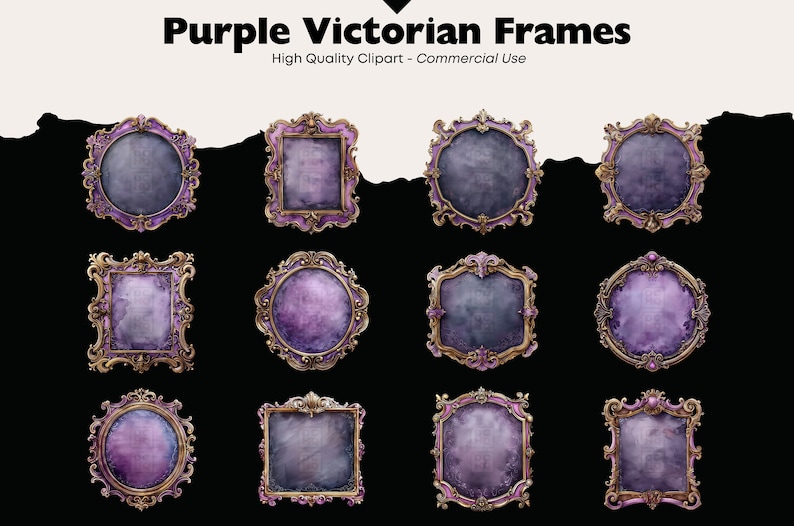 Puede incluir: Doce marcos victorianos de color p&uacute;rpura adornados con detalles dorados. Los marcos son de diferentes formas y tama&ntilde;os, y tienen un aspecto vintage.