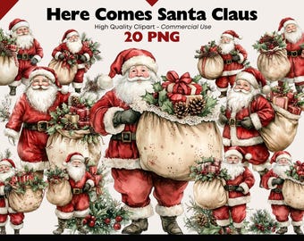 20 Santa z workiem Clipart Czerwony i biały Dekoracja świąteczna Grafika Szczęśliwy Święty Mikołaj Yuletide Cyfrowe pobieranie PNG Akwarela Xmas Clip Art