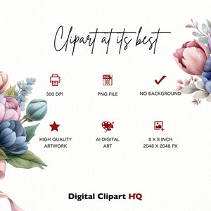 May include: A digital clipart image of a bouquet of pink, blue, and purple flowers tied with a pink ribbon. The flowers are arranged in a loose, natural style. The image is 8 inches by 8 inches and has a resolution of 2048 x 2048 pixels. The image is 300 DPI and is a PNG file with no background.