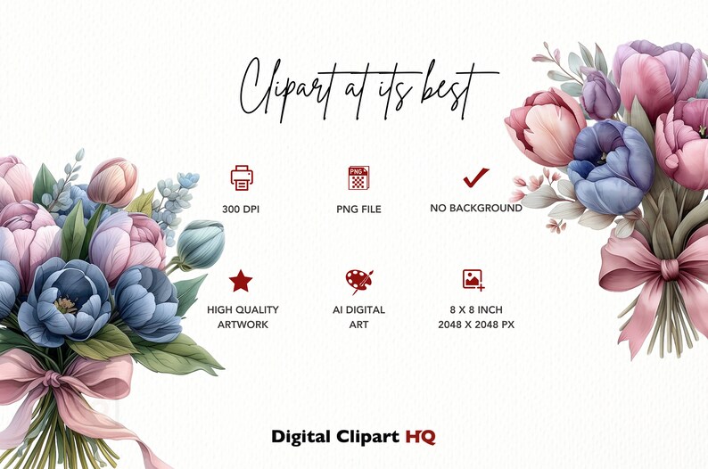 May include: A digital clipart image of a bouquet of pink, blue, and purple flowers tied with a pink ribbon. The flowers are arranged in a loose, natural style. The image is 8 inches by 8 inches and has a resolution of 2048 x 2048 pixels. The image is 300 DPI and is a PNG file with no background.