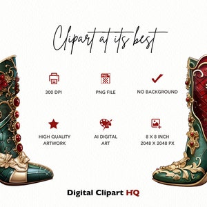 May include: A pair of green and gold high-heeled boots with intricate floral designs and red gemstone accents. The boots have a heart-shaped detail on the back.