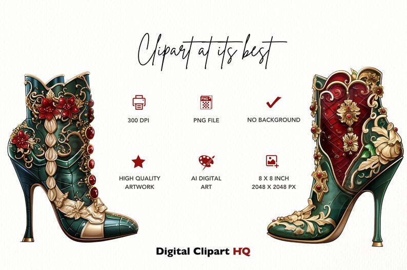 May include: A pair of green and gold high-heeled boots with intricate floral designs and red gemstone accents. The boots have a heart-shaped detail on the back.
