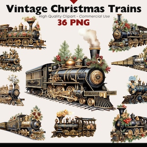 Vintage Christmas Train Clipart Bundle, Transportation PNG, Watercolor Locomotive Illustrations, Holiday Retro Train PNG Invitation Graphics
