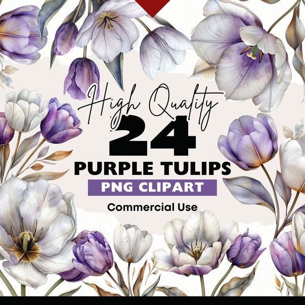 Elegant Purple & White Tulip Clipart Bundle, Gold Accented Floral PNG Elements, PNG Files for Wedding Invitations, Tulips Digital Download