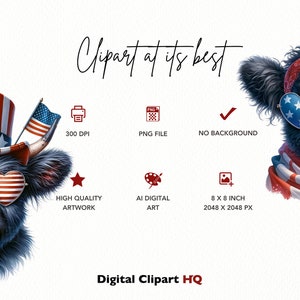 May include: Digital clipart of a black Highland cow wearing a red, white, and blue bandana and sunglasses with a heart-shaped frame. The cow is wearing a red, white, and blue Uncle Sam hat. The image is 8 inches by 8 inches and 2048 pixels by 2048 pixels.