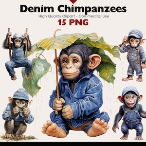 Cute Chimpanzee in Denim Outfit Clipart, Baby Monkey Graphics, Watercolor Ape PNG Images, Realistic Safari Animal Character Digital Stickers