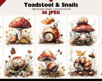 36 Toadstool and Snails Clipart JPEG Graphics Commercial Use Mushroom Digital Download Watercolor Paper Crafts Junk Journal Scrapbooking