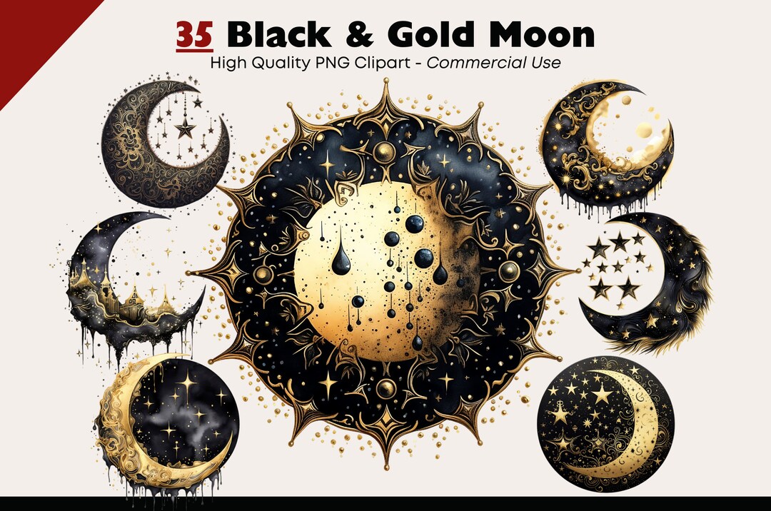 Black and Gold Moon Clipart Set, Whimsical Moon Wall Art, Watercolor ...