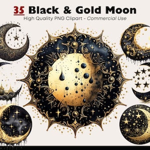 Black And Gold Moon Clipart Set, Whimsical Moon Wall Art, Watercolor Lunar Clipart Bundle, Celestial Night Sky, Magical Junk Journal PNG