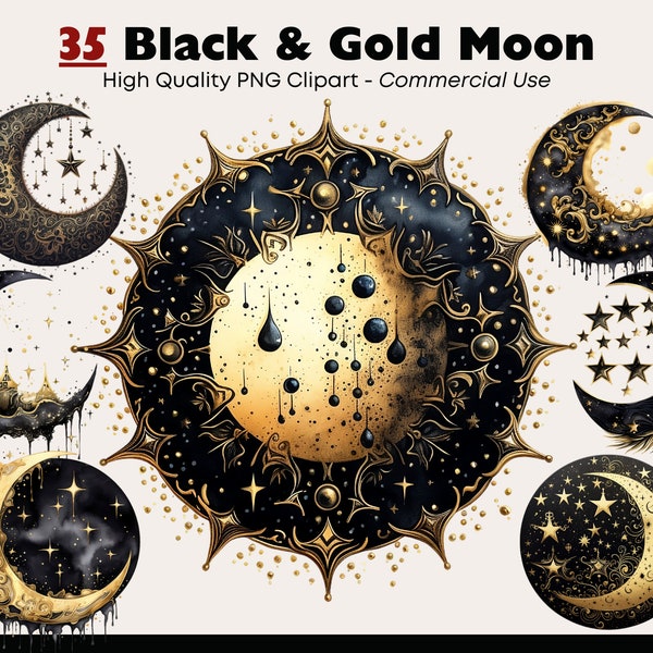 Black And Gold Moon Clipart Set, Whimsical Moon Wall Art, Watercolor Lunar Clipart Bundle, Celestial Night Sky, Magical Junk Journal PNG