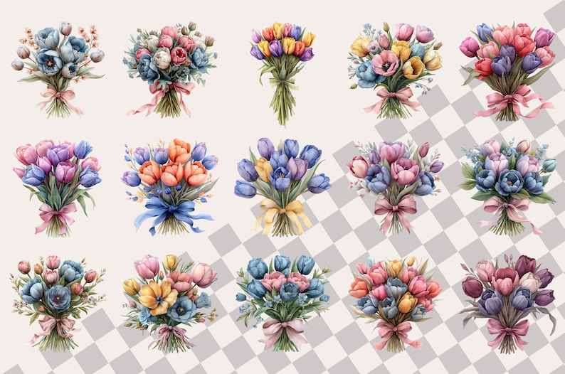 Tulip Bouquet Clipart Bundle, Spring Flowers PNG, Watercolor Tulip Bouquet PNG, Digital Floral Printable Art, PNG Easter Bouquets Graphics image 4