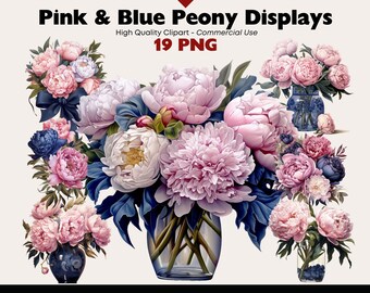 Pink and Blue Peony Display Clipart Bundle, Watercolor Peonies in Vases Graphics Set, Floral Arrangement PNG, Peony Bouqet Scrapbook Images