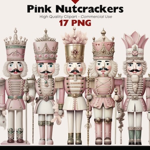 Conjunto de clipart de quebra-nozes de Natal rosa, aquarela de Natal, quebra-nozes fofos para impressão, quebra-nozes dourado PNG, gráficos tradicionais de Natal