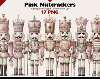 Pink Christmas Nutcracker Clipart Set, Yuletide Watercolor, Cute Nutcrackers Printable, Gold Nutcracker PNG, Traditional Christmas Graphics