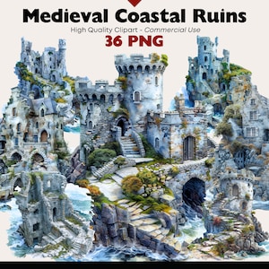 Fantasy Medieval Ruins Clipart Bundle, Medieval Castle Graphics, Fairy Tale Fortress Png, Ruined Coastal Keep Scrapbooking, Digital Download