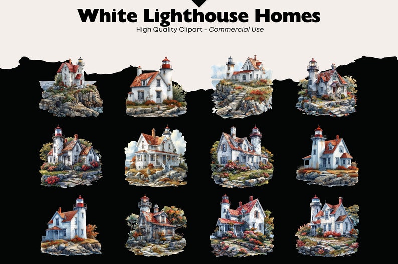 Fantasy Lighthouse Clipart Bundle, Rustic Lighthouse Home Watercolor ...