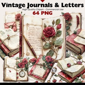 Clipart de letras vintage: 64 PNG de diarios románticos, libros y efímeras. Gráficos PNG para scrapbooking, manualidades, papel, decoupage y revistas basura.