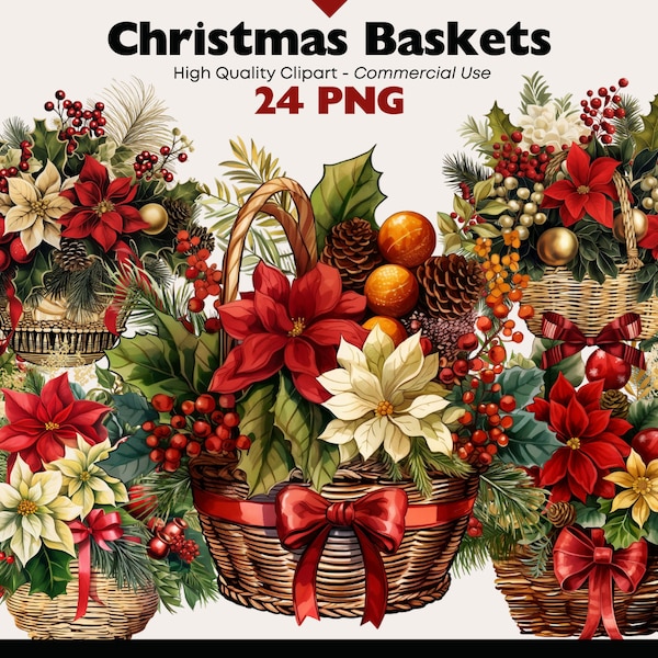 Christmas Basket Clip Art, Red and Gold Christmas Flowers, Christmas Poinsettia PNG, Luxurious Christmas Arrangement, Poinsettia Bouquet PNG