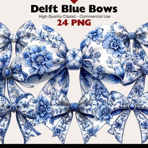Paquete de imágenes prediseñadas de lazos azules de Delft / Arte vintage estilo Delft azul / Lazos azules y blancos / Gráficos de lazos de acuarela / Patrones florales vintage PNG