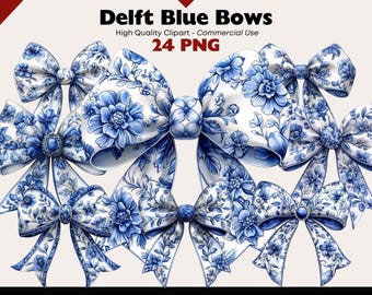 Paquete de imágenes prediseñadas de lazos azules de Delft / Arte vintage estilo Delft azul / Lazos azules y blancos / Gráficos de lazos de acuarela / Patrones florales vintage PNG