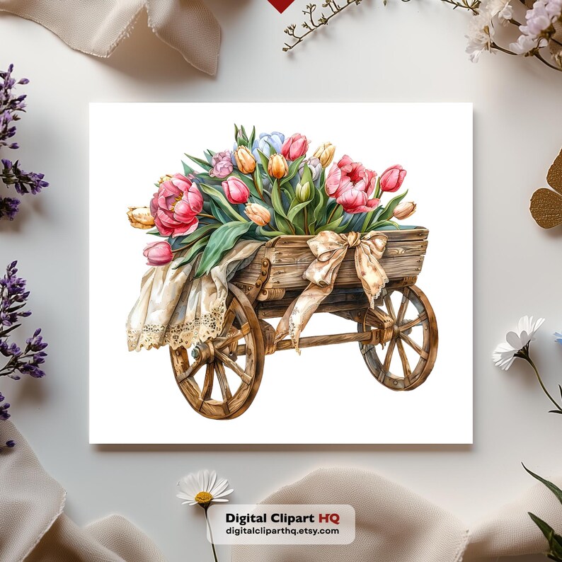 May include: Watercolor illustration of a wooden cart filled with pink, red, yellow, and blue tulips. The cart has large wooden wheels and is decorated with a beige bow and a lace-trimmed cloth. The text "Digital Clipart HQ digitalcliparthq.etsy.com" is at the bottom.