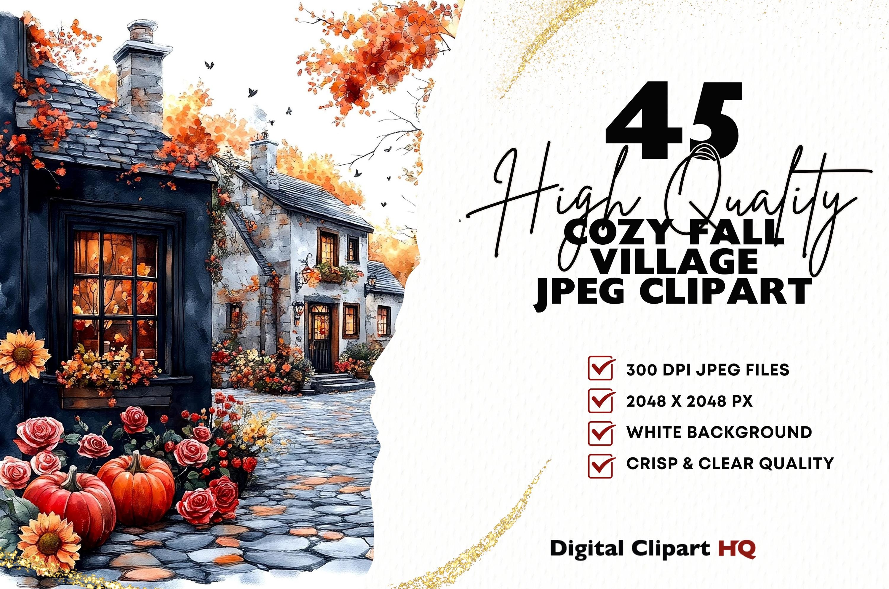 Cozy Fall Village JPEG Clipart Bundle Watercolor Autumn House Graphics ...